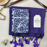 Fresh Handloom Cotton Saree –  Purple Blue Saree with Floral Print Designer Blouse