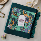 Premium Handloom Cotton Saree – Bottle Green  Cotton Saree with Flower Printed Blouse