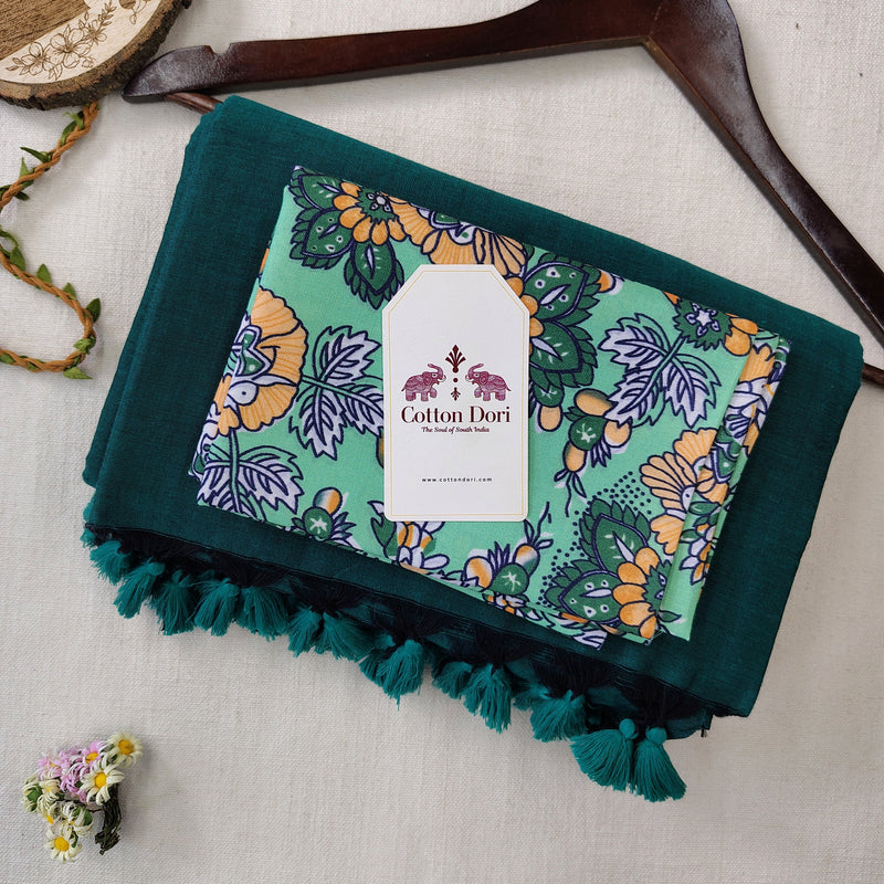 Premium Handloom Cotton Saree – Bottle Green  Cotton Saree with Flower Printed Blouse
