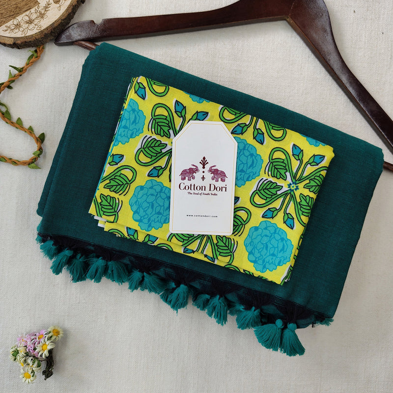 Pure Handloom Cotton Saree – Traditional Royal Green Cotton Saree with Designer Blouse