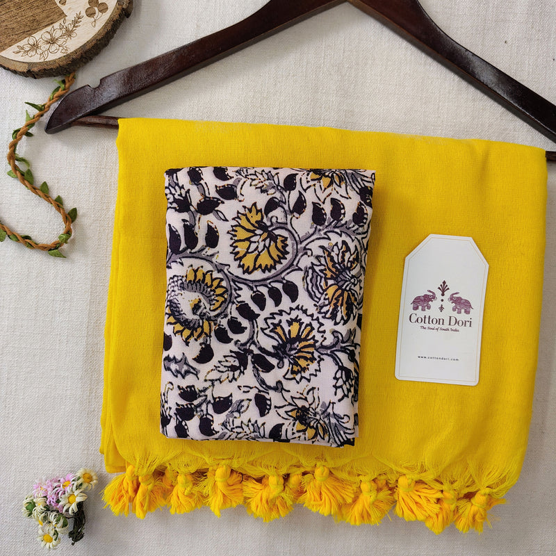 Classic Handloom Cotton Saree – Mustard Yellow Cotton Saree with Designer Printed Blouse