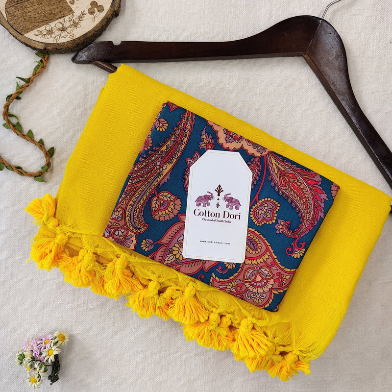 Handloom Cotton Saree – Bright Yellow Saree with Printed Blouse