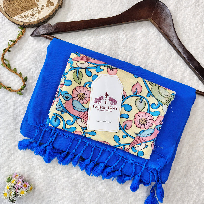 Elegant Handloom Cotton Saree – Royal Blue Cotton Saree with Ethnic Printed Blouse