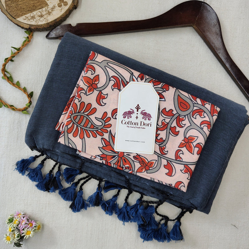 Classic Handloom Cotton Saree – Navy Blue Cotton Saree with Designer Printed Blouse