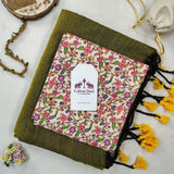 Soft Handloom Cotton Saree – Olive Cotton Saree with Printed Blouse