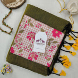 Pure Handloom Cotton Saree – Traditional  Green Cotton Saree with Flower Designer Printed Blouse