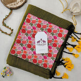 Vibrant Handloom Cotton Saree - Olive Green Cotton Saree with Multicolor Floral Designer Blouse