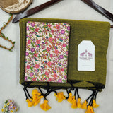 Soft Handloom Cotton Saree – Olive Cotton Saree with Printed Blouse
