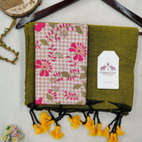 Pure Handloom Cotton Saree – Traditional  Green Cotton Saree with Flower Designer Printed Blouse