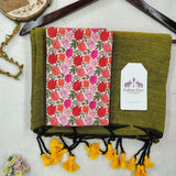 Vibrant Handloom Cotton Saree - Olive Green Cotton Saree with Multicolor Floral Designer Blouse