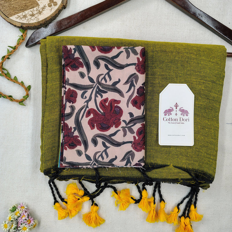 Classic Handloom Cotton Saree – Royal Green Cotton Saree with Wine Floral Printed Blouse