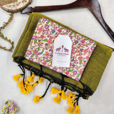 Soft Handloom Cotton Saree – Olive Cotton Saree with Printed Blouse