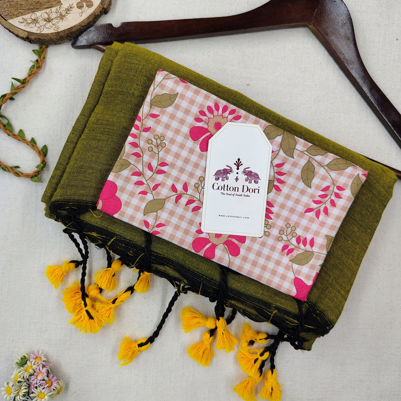 Pure Handloom Cotton Saree – Traditional  Green Cotton Saree with Flower Designer Printed Blouse