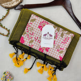 Pure Handloom Cotton Saree – Traditional  Green Cotton Saree with Flower Designer Printed Blouse