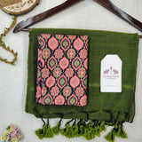 Premium Handloom Cotton Saree – Green Cotton Saree with Designer Printed Blouse