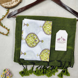 Graceful Cotton Handloom Saree - Green  Cotton Saree with Designer Printed Blouse