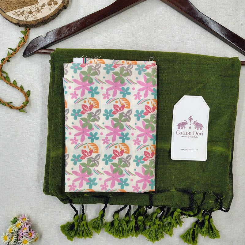 Authentic Handloom Cotton Saree – Rich Green Saree with Stylish Printed Blouse