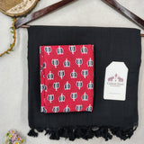 Elegant Handloom Cotton Saree – Black Cotton Saree with Designer Red Floral Blouse