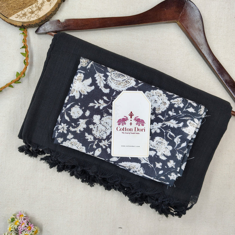 Classic Handloom Cotton Saree - Black Cotton Saree With Designer Printed Blouse