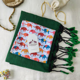 Elegant Handloom Cotton Saree -  Royal Green Cotton Saree with Elephant Designer Blouse