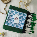 Graceful Green Handloom Cotton Saree - Handloom Cotton Saree with Elephant Print Blouse