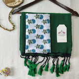 Elegant Handloom Cotton Saree -  Royal Green Cotton Saree with Flower Designer Blouse