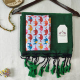 Elegant Handloom Cotton Saree -  Royal Green Cotton Saree with Elephant Designer Blouse
