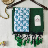 Graceful Green Handloom Cotton Saree - Handloom Cotton Saree with Elephant Print Blouse