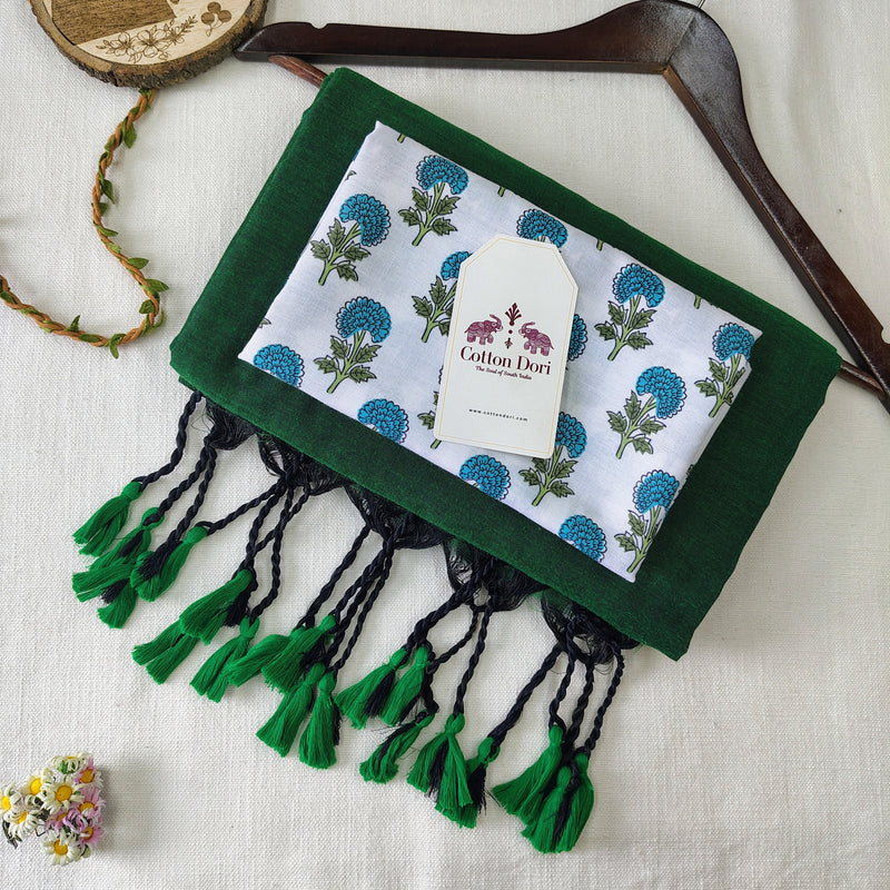 Elegant Handloom Cotton Saree -  Royal Green Cotton Saree with Flower Designer Blouse