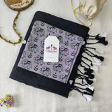 Black Heart Work Handloom Cotton Saree with Elephant printed Blouse