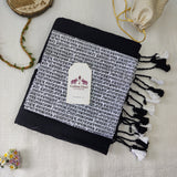 Traditional Black Heart Work Handloom Cotton Saree With Printed Blouse