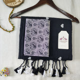 Black Heart Work Handloom Cotton Saree with Elephant printed Blouse