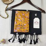 Premium Embroidery work Handloom Cotton Saree - Black  Handloom Cotton Saree With Printed Blouse