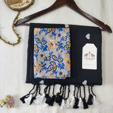 Graceful Black Heart Work Handloom Cotton Saree with  Flower Designer printed Blouse