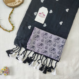 Black Heart Work Handloom Cotton Saree with Elephant printed Blouse