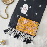 Premium Embroidery work Handloom Cotton Saree - Black  Handloom Cotton Saree With Printed Blouse