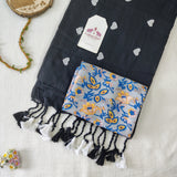 Graceful Black Heart Work Handloom Cotton Saree with  Flower Designer printed Blouse