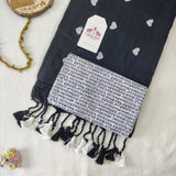 Traditional Black Heart Work Handloom Cotton Saree With Printed Blouse