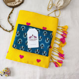 Premium Yellow Heart Motif Handloom Cotton Saree with Designer Printed Blouse