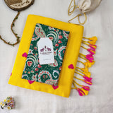 Yellow embroidery work Handloom Cotton Saree with Designer printed Blouse