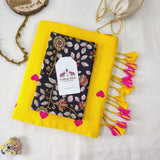 Yellow cotton embroidered handloom saree with flower printed blouse