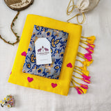 Premium Yellow Heart Work Handloom Cotton Saree with Flower Designer printed Blouse