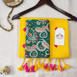 Yellow embroidery work Handloom Cotton Saree with Designer printed Blouse