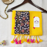 Yellow Heart Work Handloom Cotton Saree with Flower Designer printed Blouse