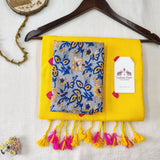Premium Yellow Heart Work Handloom Cotton Saree with Flower Designer printed Blouse