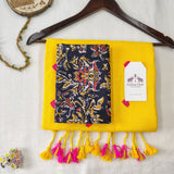 Yellow embroidery Handloom Cotton Saree with Designer printed Blouse