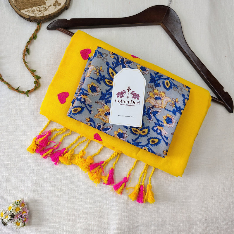 Premium Yellow Heart Work Handloom Cotton Saree with Flower Designer printed Blouse
