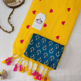 Premium Yellow Heart Motif Handloom Cotton Saree with Designer Printed Blouse