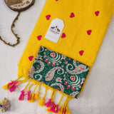 Yellow embroidery work Handloom Cotton Saree with Designer printed Blouse