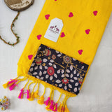 Yellow Heart Work Handloom Cotton Saree with Flower Designer printed Blouse
